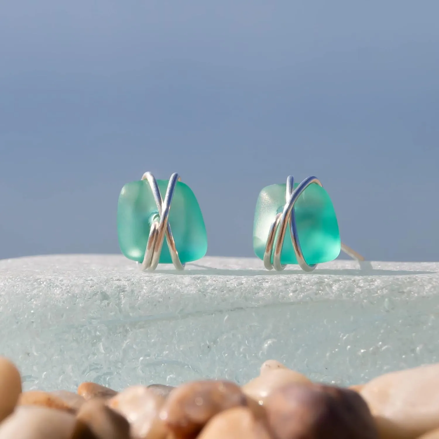 Sea Glass Earrings S990 Sterling Silver Hypoallergenic Handmade Stud Post Earrings Beach Glass Fashion Statement Handcraft Jewelry for Women Girls (S, Green)