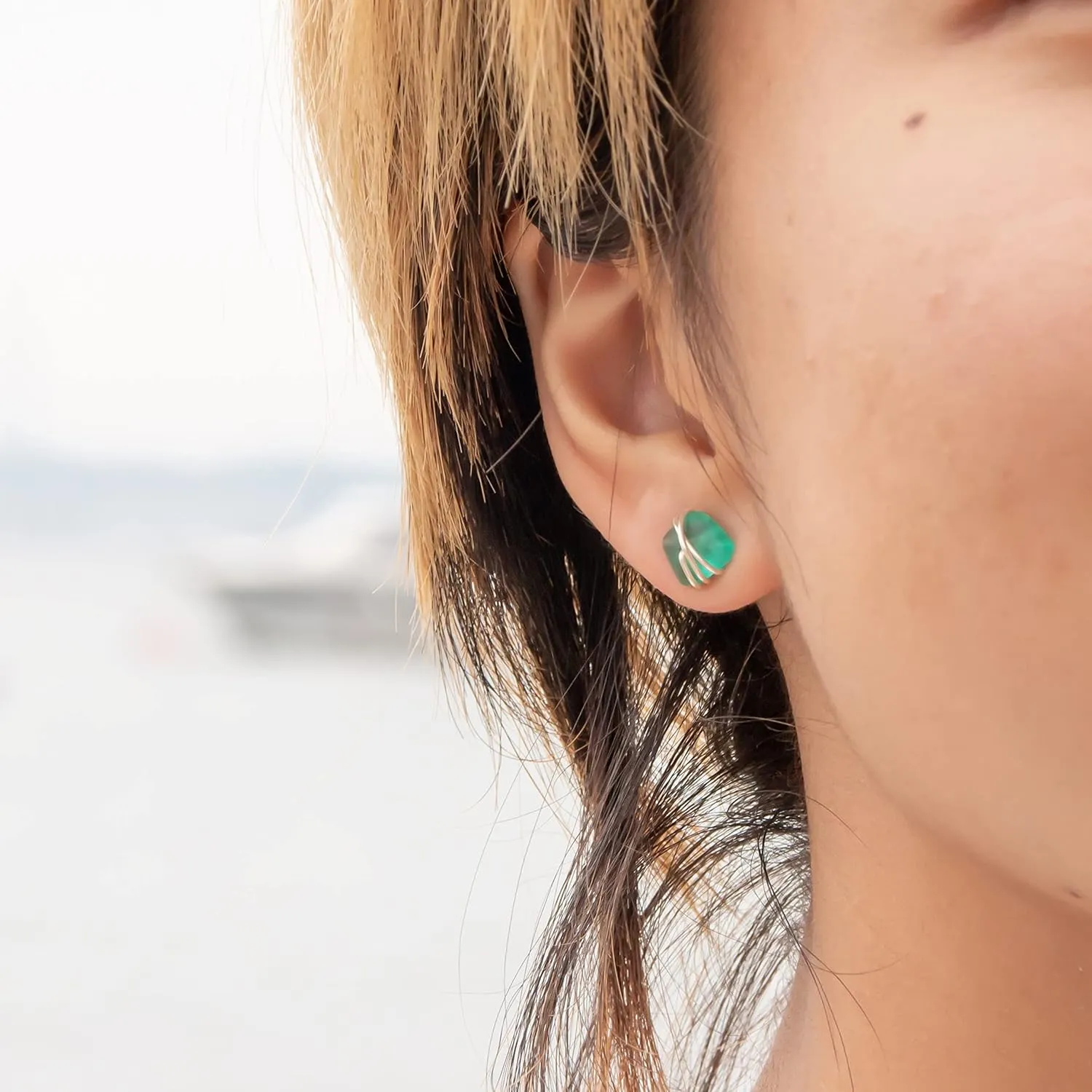 Sea Glass Earrings S990 Sterling Silver Hypoallergenic Handmade Stud Post Earrings Beach Glass Fashion Statement Handcraft Jewelry for Women Girls (S, Green)
