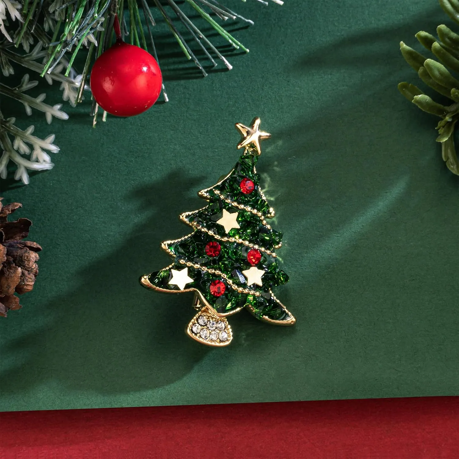 SELOVO Womens Crystal Rhinestone Christmas Tree Shape Brooch Pin Gold Tone