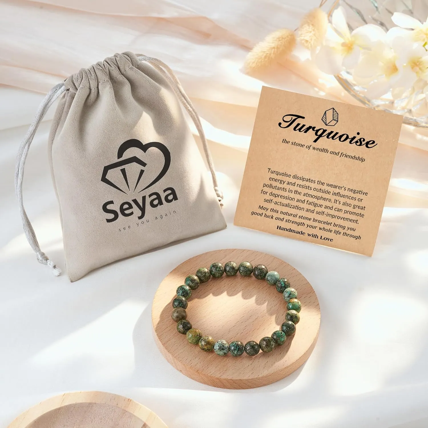 Seyaa Turquoise Jewelry for Women, Crystal Stone Stretch Round Bead Bracelets for Women Men, African Turquoise Valentines Gifts