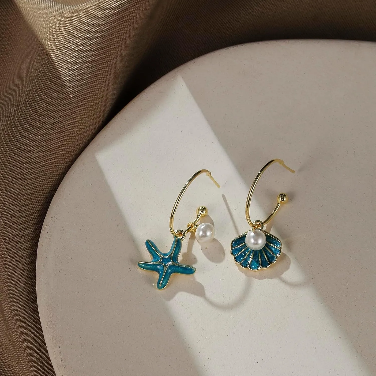 Shell Hoop Earrings, Asymmetric Shell and Starfish Earrings Seashore Hoop Earrings Beach Jewelry
