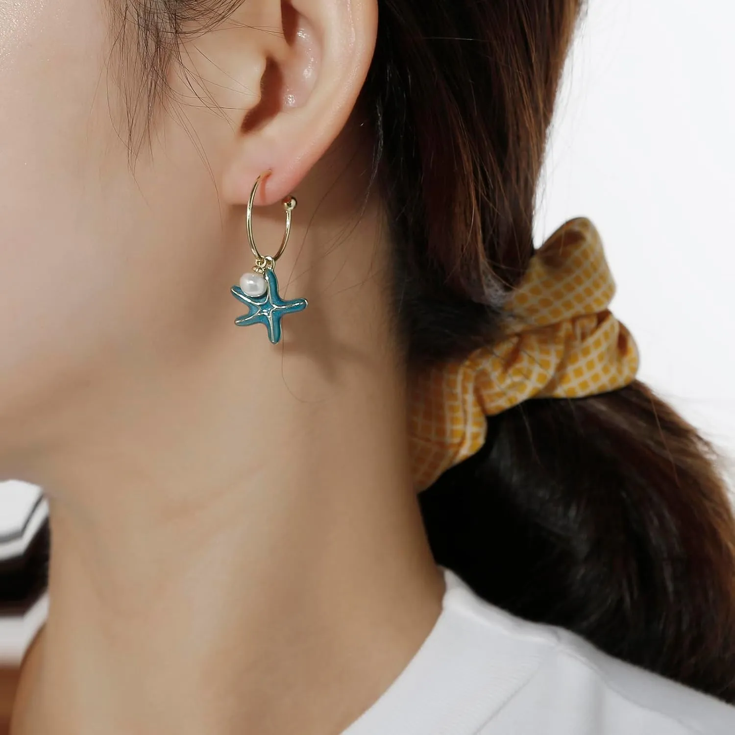 Shell Hoop Earrings, Asymmetric Shell and Starfish Earrings Seashore Hoop Earrings Beach Jewelry
