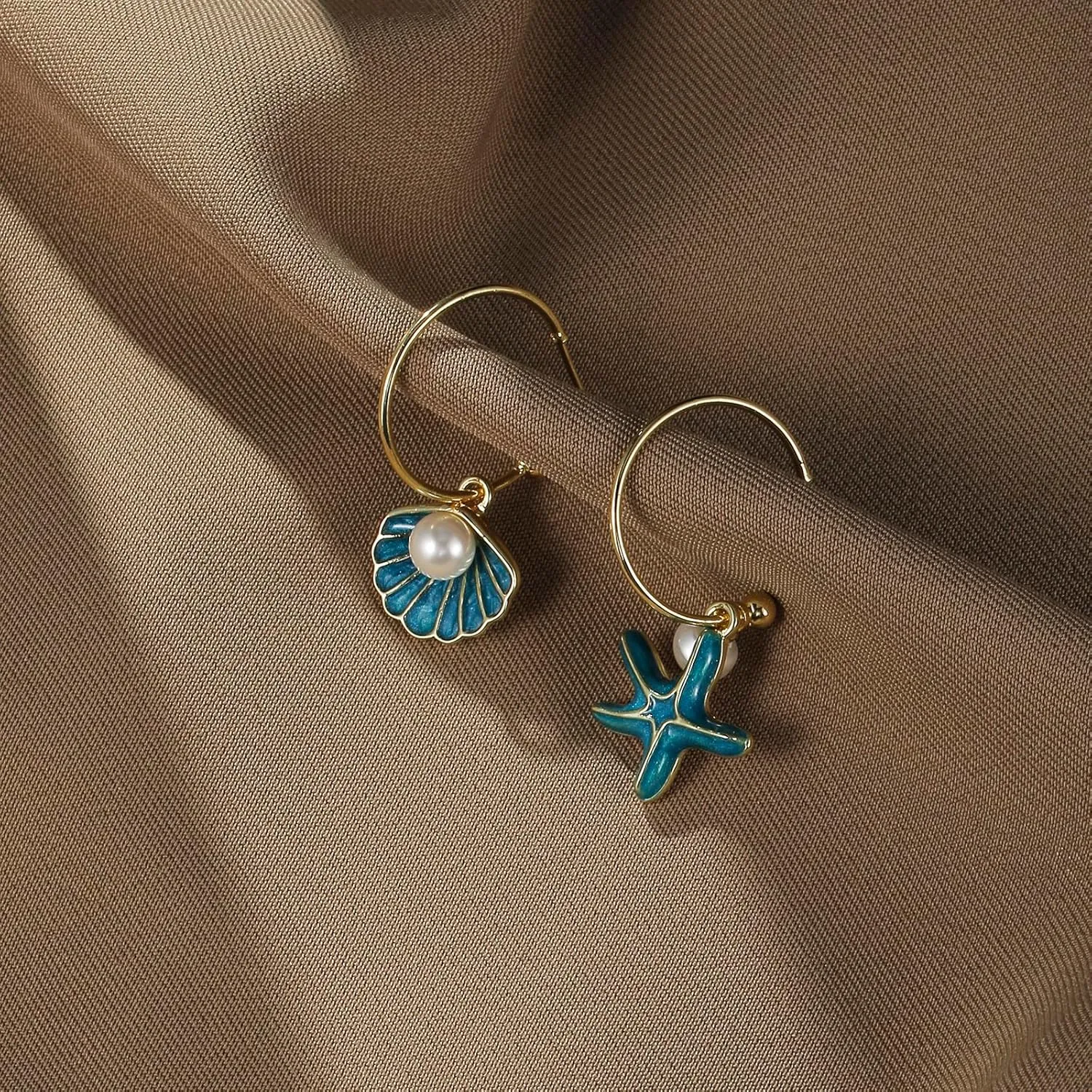 Shell Hoop Earrings, Asymmetric Shell and Starfish Earrings Seashore Hoop Earrings Beach Jewelry