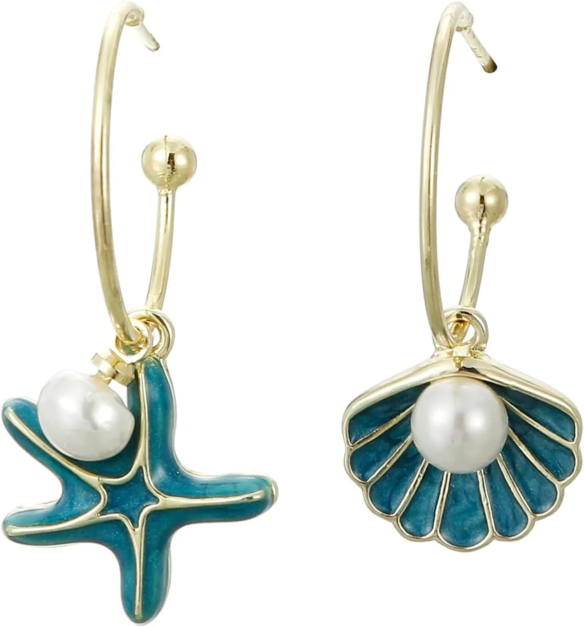 Shell Hoop Earrings, Asymmetric Shell and Starfish Earrings Seashore Hoop Earrings Beach Jewelry