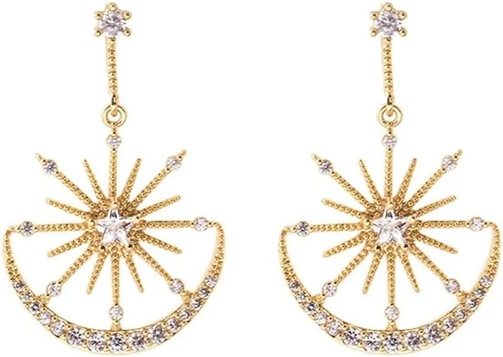 Shiny CZ Crescent Moon Star Dangle Earrings for Women Girls 925 Sterling Silver Post Pin White Gold Plated Cute Crystal Charms Drop Dangling Stud Delicate Statement Jewelry Gifts Birthday Christmas Wedding