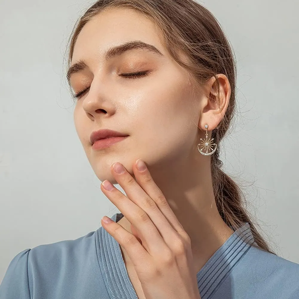 Shiny CZ Crescent Moon Star Dangle Earrings for Women Girls 925 Sterling Silver Post Pin White Gold Plated Cute Crystal Charms Drop Dangling Stud Delicate Statement Jewelry Gifts Birthday Christmas Wedding