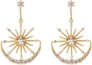 Shiny CZ Crescent Moon Star Dangle Earrings for Women Girls 925 Sterling Silver Post Pin White Gold Plated Cute Crystal Charms Drop Dangling Stud Delicate Statement Jewelry Gifts Birthday Christmas Wedding
