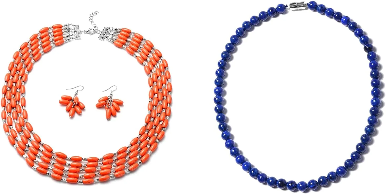 SHOP LC DELIVERING JOY Lapis Lazuli Bracelet Earrings and Mala Choker Howlite Platinum Plated with Necklace Jewelry Sets Gifts for Women