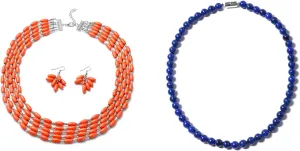 SHOP LC DELIVERING JOY Lapis Lazuli Bracelet Earrings and Mala Choker Howlite Platinum Plated with Necklace Jewelry Sets Gifts for Women