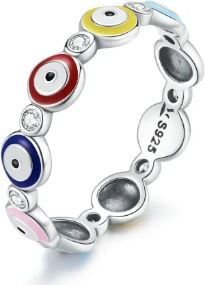 Shysnow Evil Eye Ring for Women 925 Sterling Silver Blue Hamsa Evil Eyes Enamel CZ Rings Dainty Turkish Greek Colorful Eyes Ojo Rings Lucky Protection Jewelry Size 5 to 10