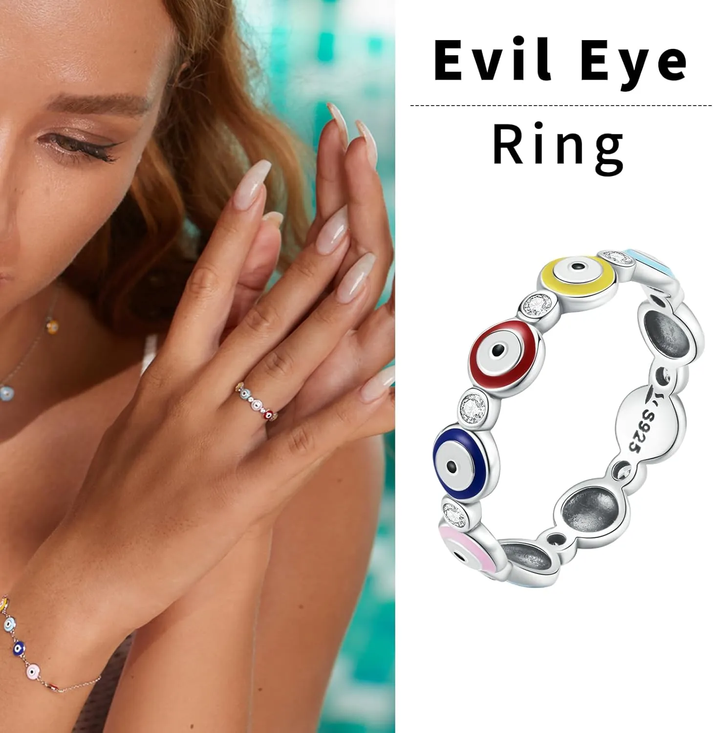 Shysnow Evil Eye Ring for Women 925 Sterling Silver Blue Hamsa Evil Eyes Enamel CZ Rings Dainty Turkish Greek Colorful Eyes Ojo Rings Lucky Protection Jewelry Size 5 to 10