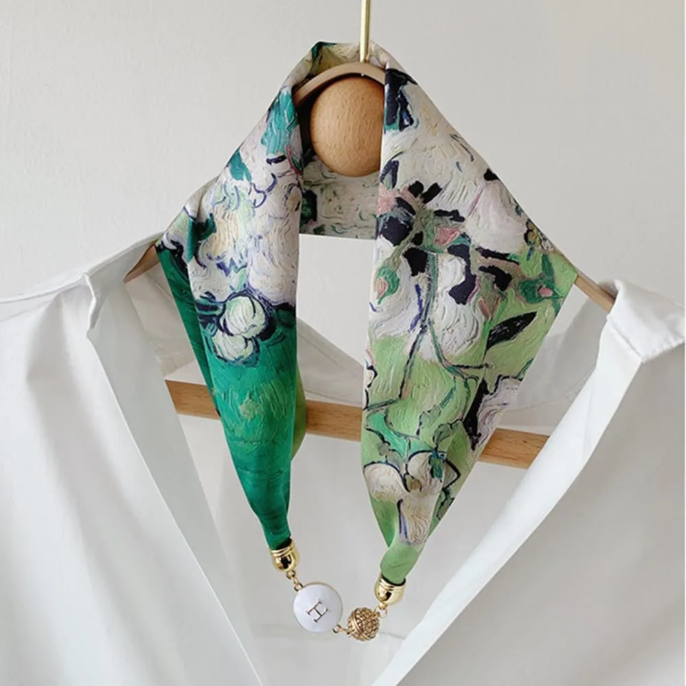 Silk Felling Magnetic Buckle with Rhinestone Small Neckerchief Clavicle Collar Headpiece Pendant Scarf for Women