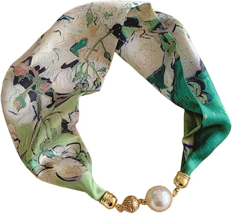 Silk Felling Magnetic Buckle with Rhinestone Small Neckerchief Clavicle Collar Headpiece Pendant Scarf for Women