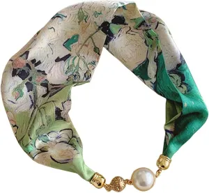 Silk Felling Magnetic Buckle with Rhinestone Small Neckerchief Clavicle Collar Headpiece Pendant Scarf for Women