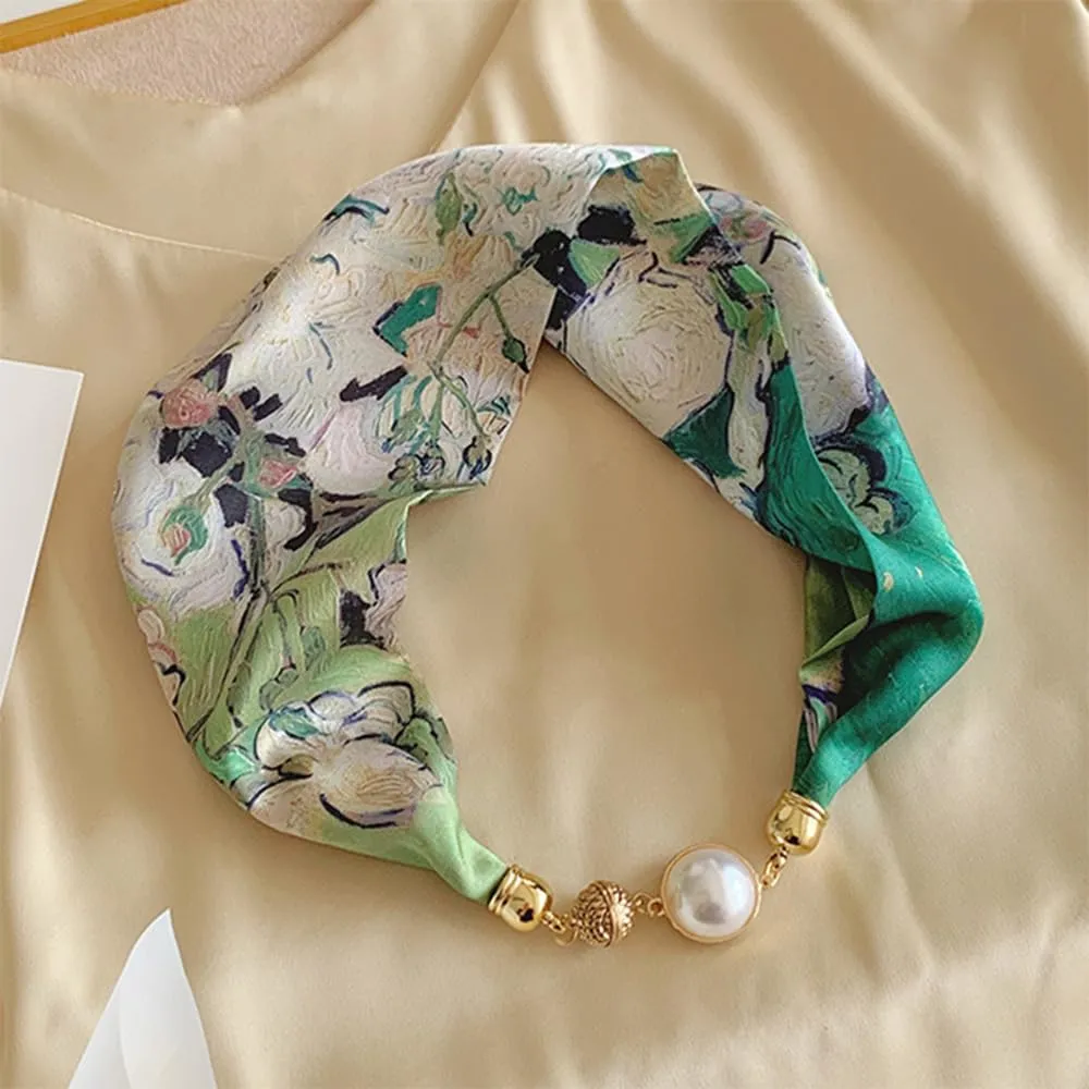 Silk Felling Magnetic Buckle with Rhinestone Small Neckerchief Clavicle Collar Headpiece Pendant Scarf for Women