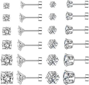 Silver Flat Back Stud Earrings for Women Hypoallergenic Round Square Cubic Zirconia Surgical Stainless Steel Earrings Set for Multiple Piercing 12 Pairs