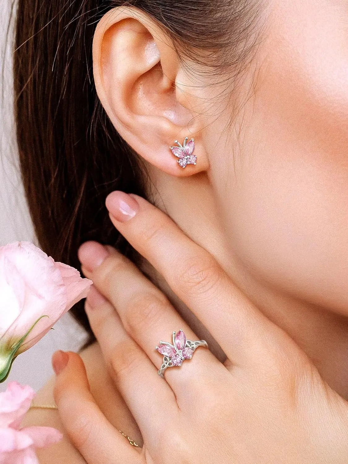 SILVERCUTE Butterfly Earrings Necklace Ring, 925 Sterling Silver Cute Ear Cuffs/Stackable Rings/Stud Earrings for Women Teen Girls -Stunning CZ Birthstone Butterfly Jewelry Gift with Box