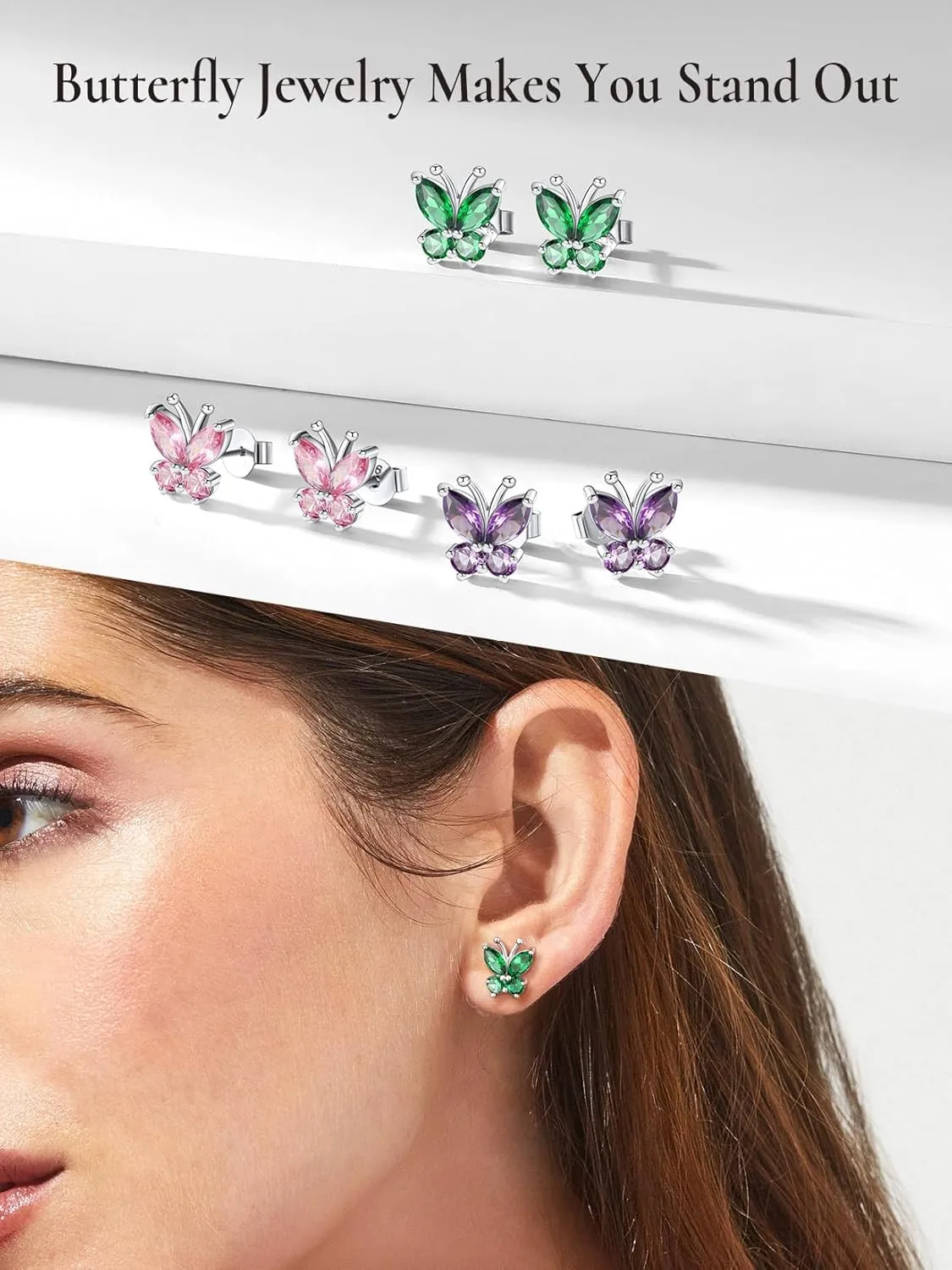 SILVERCUTE Butterfly Earrings Necklace Ring, 925 Sterling Silver Cute Ear Cuffs/Stackable Rings/Stud Earrings for Women Teen Girls -Stunning CZ Birthstone Butterfly Jewelry Gift with Box
