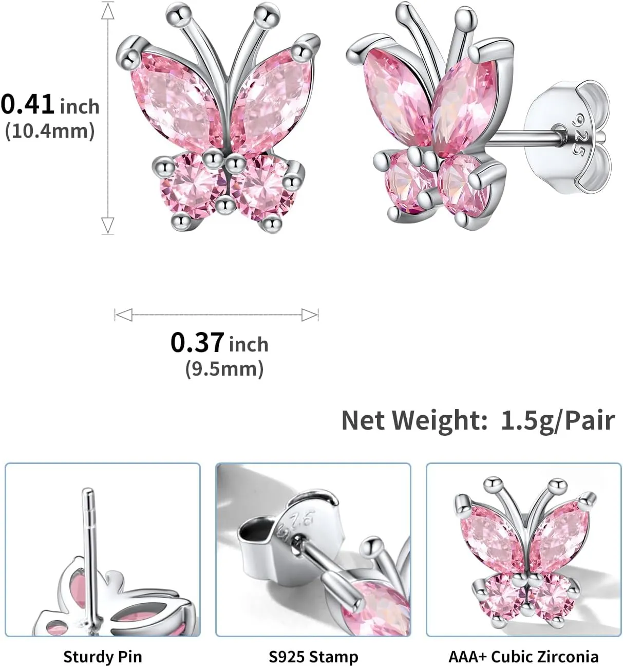 SILVERCUTE Butterfly Earrings Necklace Ring, 925 Sterling Silver Cute Ear Cuffs/Stackable Rings/Stud Earrings for Women Teen Girls -Stunning CZ Birthstone Butterfly Jewelry Gift with Box
