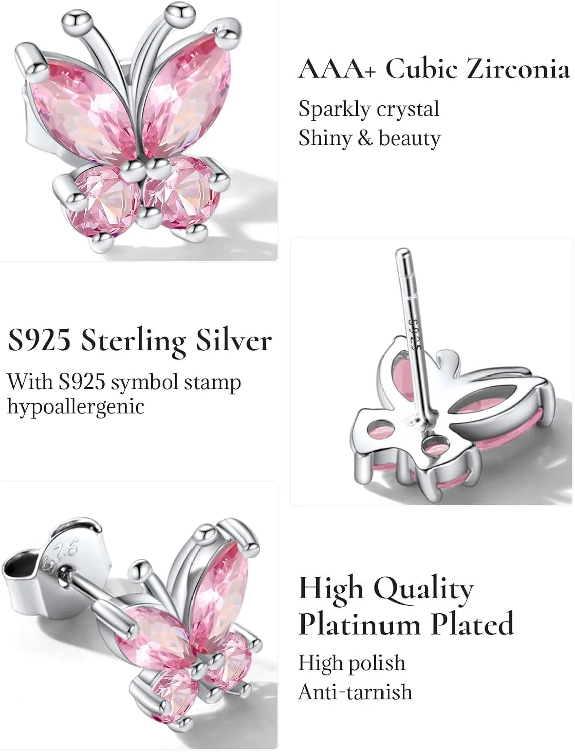 SILVERCUTE Butterfly Earrings Necklace Ring, 925 Sterling Silver Cute Ear Cuffs/Stackable Rings/Stud Earrings for Women Teen Girls -Stunning CZ Birthstone Butterfly Jewelry Gift with Box