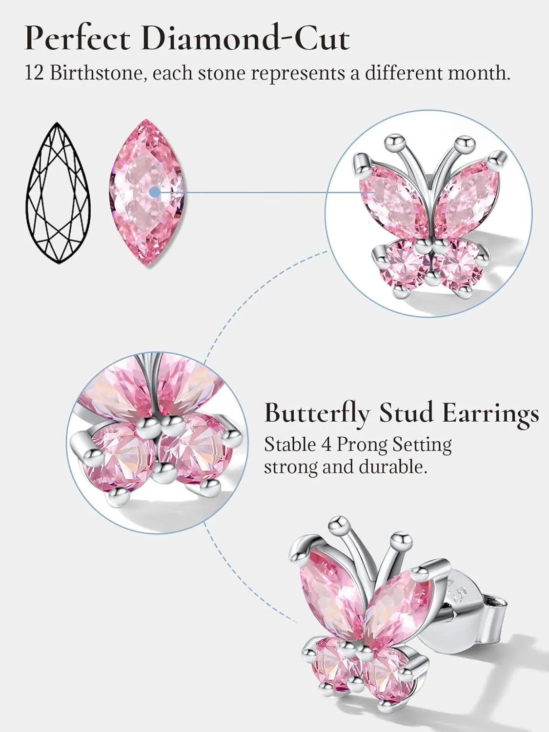 SILVERCUTE Butterfly Earrings Necklace Ring, 925 Sterling Silver Cute Ear Cuffs/Stackable Rings/Stud Earrings for Women Teen Girls -Stunning CZ Birthstone Butterfly Jewelry Gift with Box