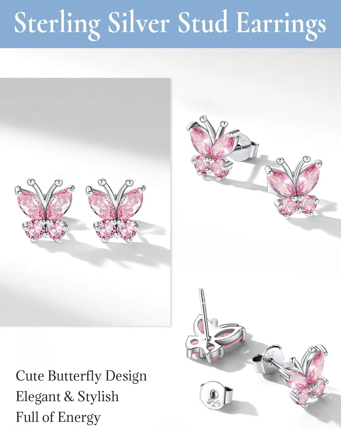 SILVERCUTE Butterfly Earrings Necklace Ring, 925 Sterling Silver Cute Ear Cuffs/Stackable Rings/Stud Earrings for Women Teen Girls -Stunning CZ Birthstone Butterfly Jewelry Gift with Box