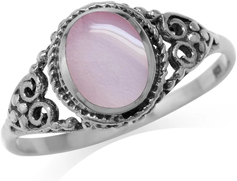 Silvershake 8x6mm Oval Shape Inlay 925 Sterling Silver Filigree Victorian Style Ring