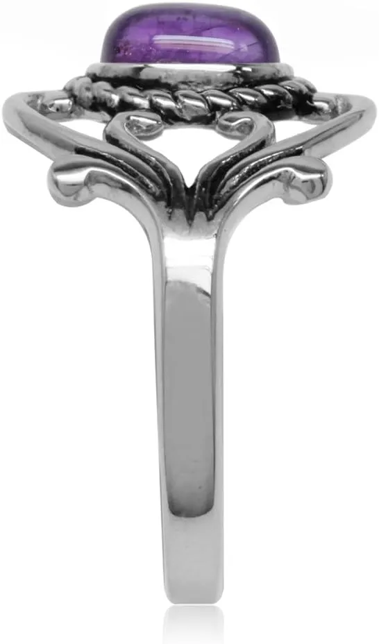 Silvershake Bezel Set Cabochon Gemstone Surrounded by Twisted Rope White Gold Plated 925 Sterling Silver Victorian Style Ring