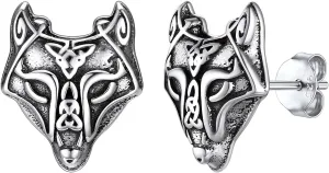Silvora Norse Viking Jewelry Thor's Hammer Studs Sterling Silver Vintage Celtic Knot Wolf Head Stud Earrings for Women Men