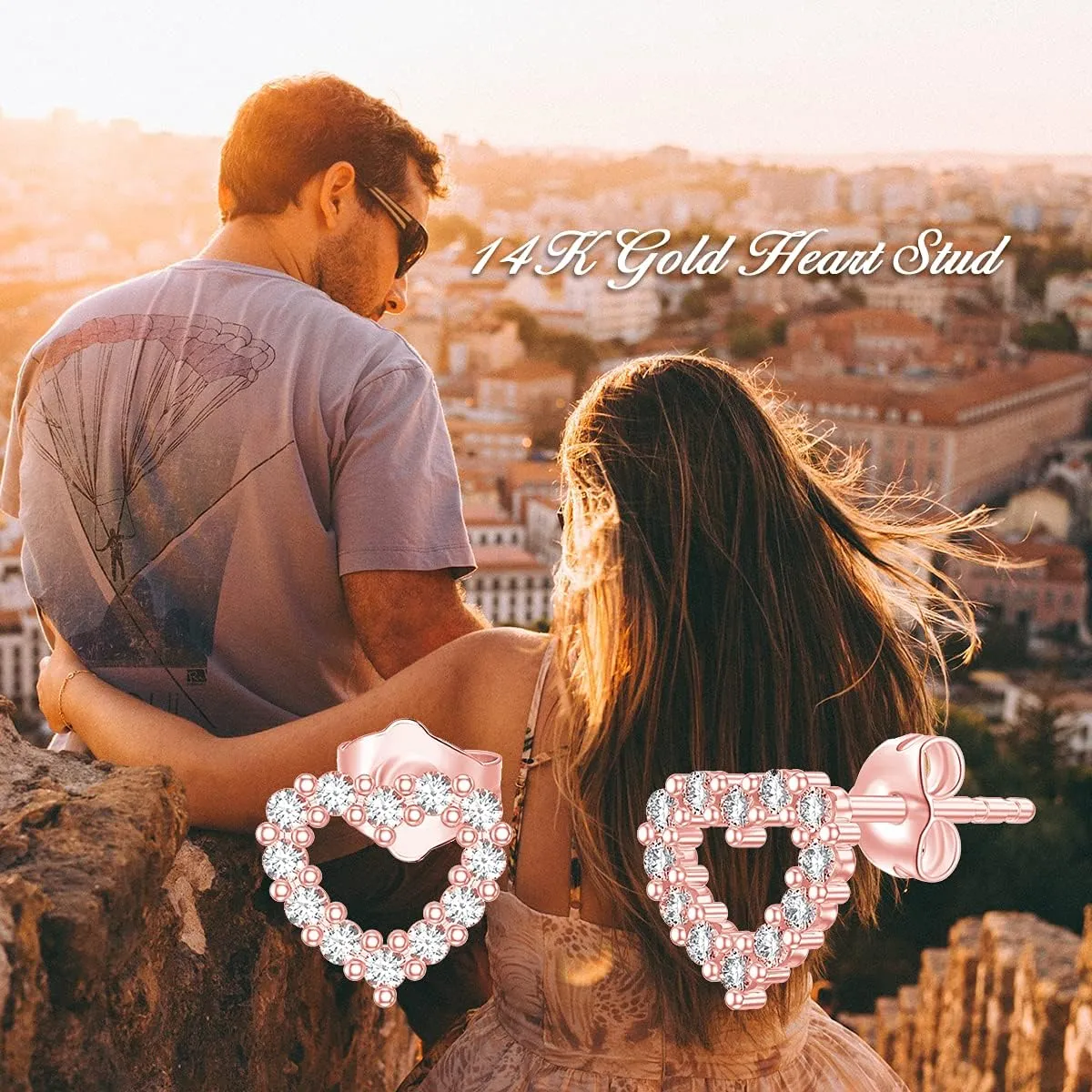 SISGEM 14K Real Gold Heart Stud Earrings for Women,5A Cubic Zirconia Love Heart Studs Fine Jewelry for Mom Girls Wife Best Birthday Gift 7.5 mm
