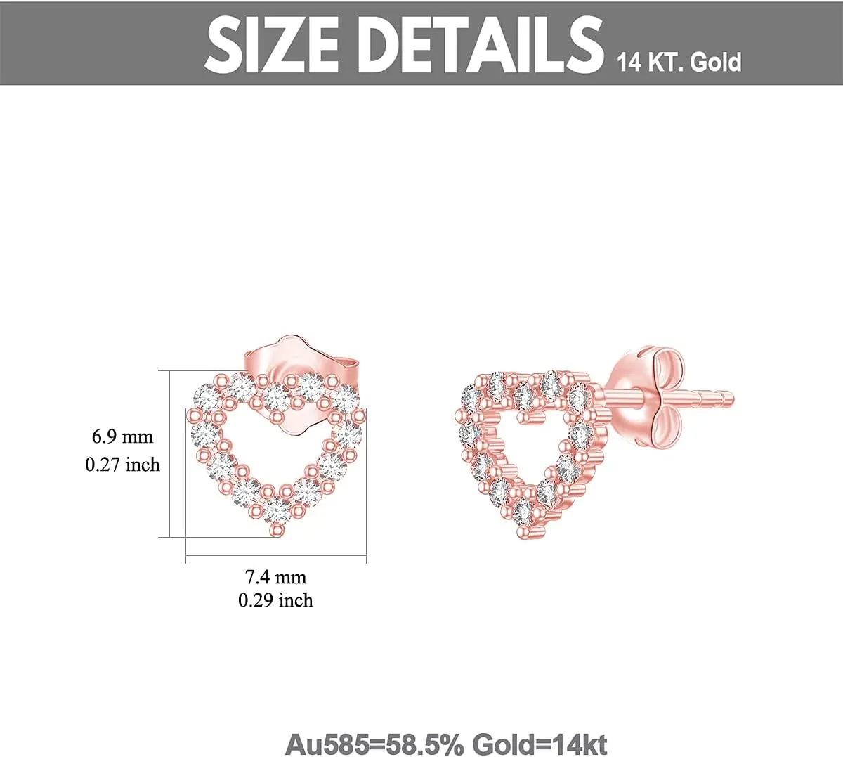 SISGEM 14K Real Gold Heart Stud Earrings for Women,5A Cubic Zirconia Love Heart Studs Fine Jewelry for Mom Girls Wife Best Birthday Gift 7.5 mm