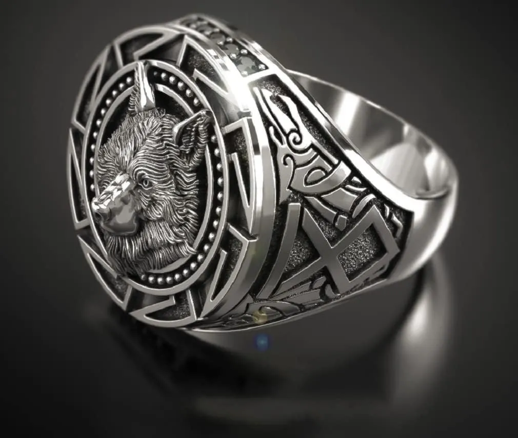 Slavic Wolf Ring Viking Rings for Men Norse Nordic Wolf Head Ring Retro Wolf Totem 925 Silver Rings, Signet Rings, Amulet Ring, Animal Wolf Jewelry for Men (9#)