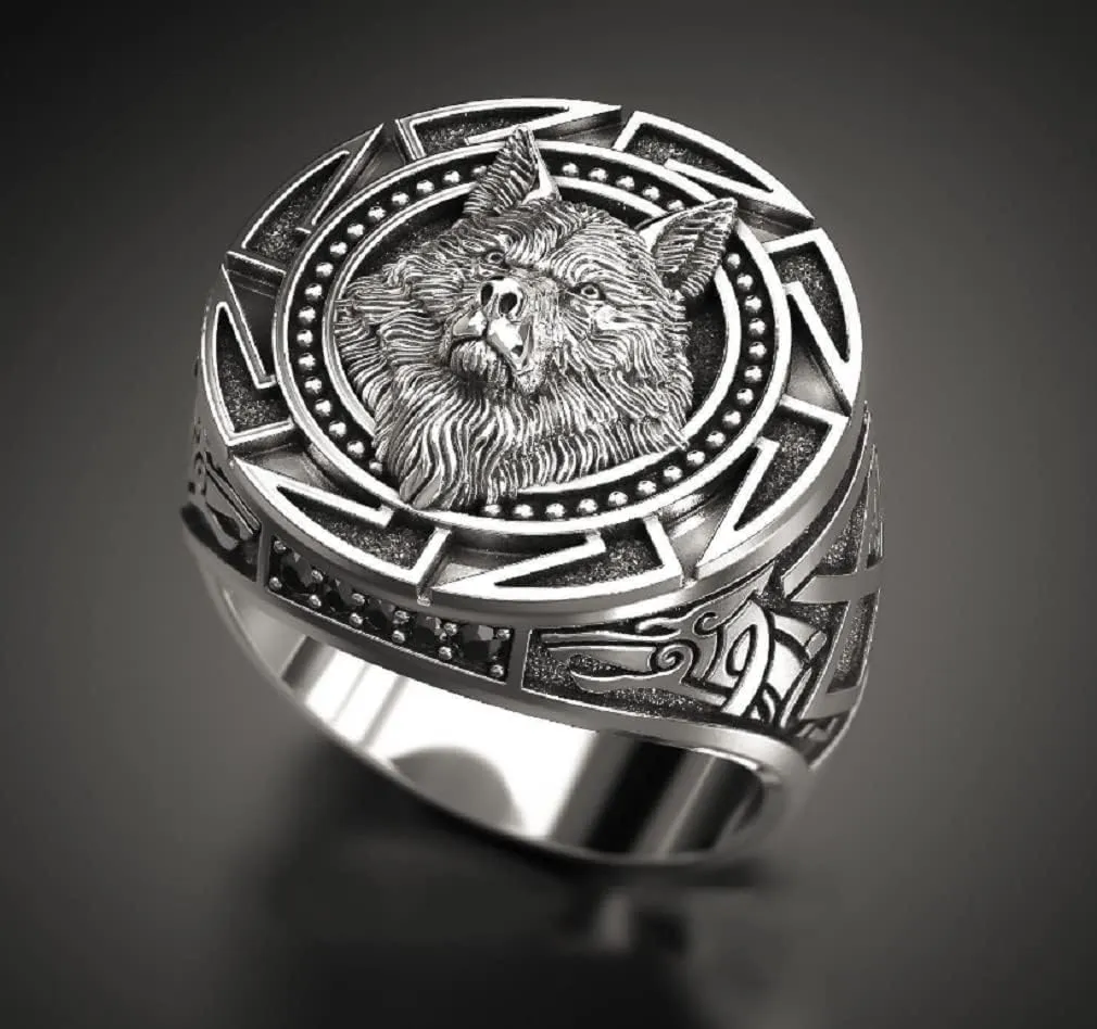 Slavic Wolf Ring Viking Rings for Men Norse Nordic Wolf Head Ring Retro Wolf Totem 925 Silver Rings, Signet Rings, Amulet Ring, Animal Wolf Jewelry for Men (9#)