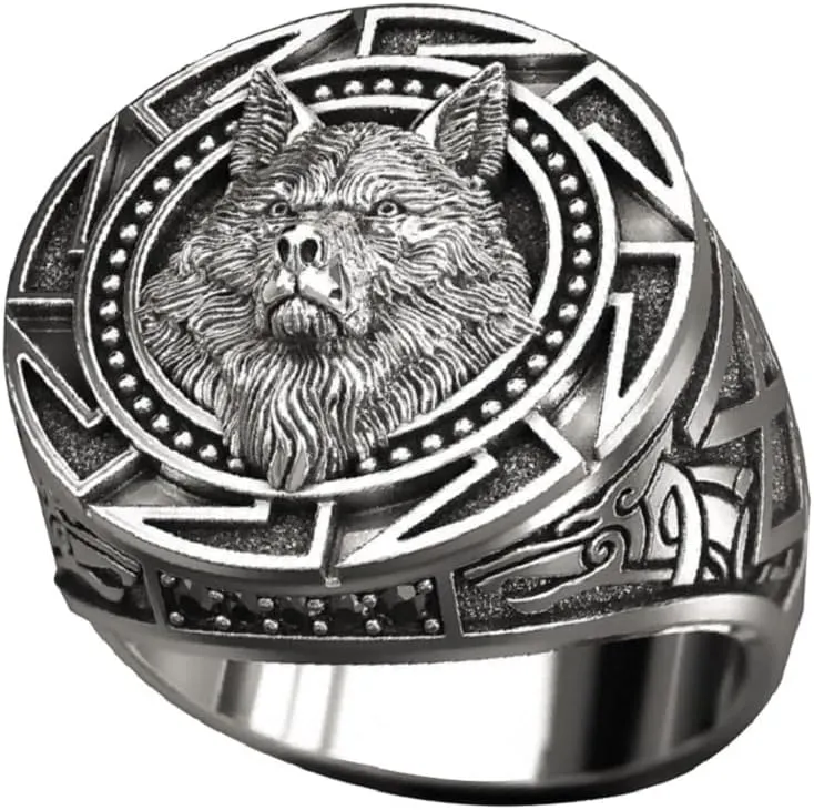 Slavic Wolf Ring Viking Rings for Men Norse Nordic Wolf Head Ring Retro Wolf Totem 925 Silver Rings, Signet Rings, Amulet Ring, Animal Wolf Jewelry for Men (9#)
