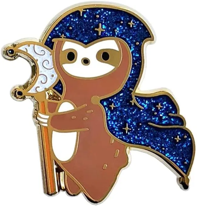 Sloth Pin Brooch, Slow but Powerful Wizard Sloth, 1 Inch Tall Enamel Pin