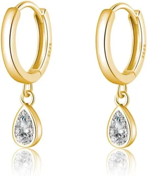 SLUYNZ 925 Sterling Silver Teardrop Small Hoop Earrings for Women Teens CZ Droplet Huggie Earrings with Diamond Dangle