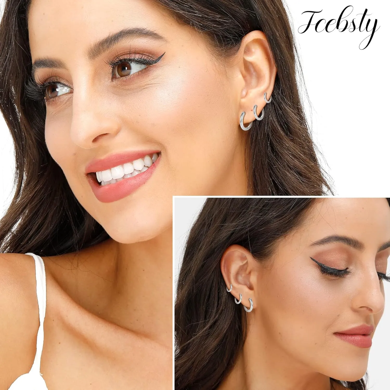 Small Silver Hoop Earrings-Cubic Zirconia Cuff Earrings| 3 Pairs Sterling Silver Hoop Earrings|Tiny Cartilage Hoop Earrings for Women Men (8mm/10mm/12mm)