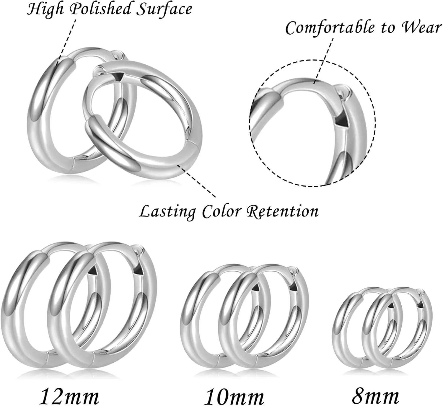 Small Silver Hoop Earrings-Cubic Zirconia Cuff Earrings| 3 Pairs Sterling Silver Hoop Earrings|Tiny Cartilage Hoop Earrings for Women Men (8mm/10mm/12mm)