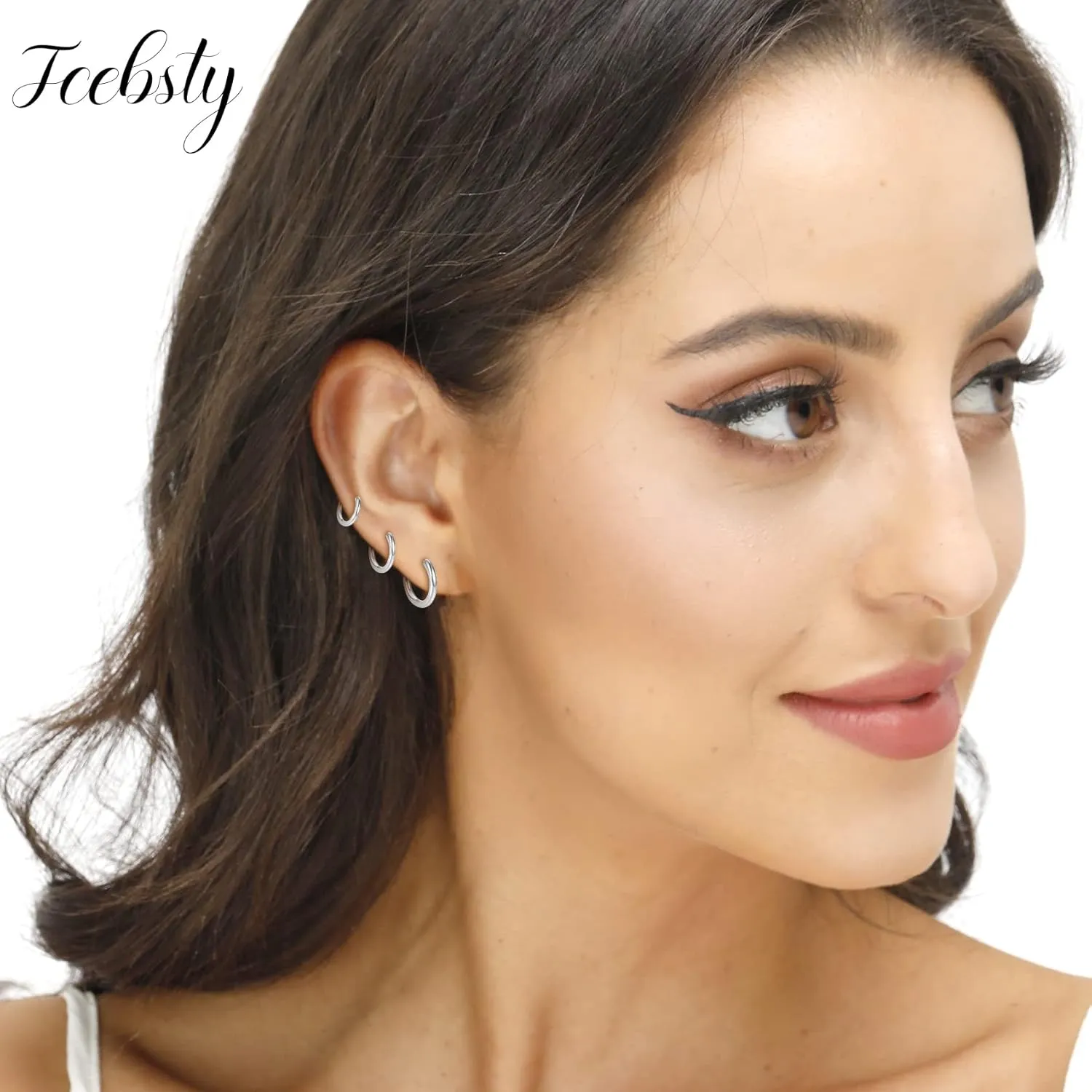 Small Silver Hoop Earrings-Cubic Zirconia Cuff Earrings| 3 Pairs Sterling Silver Hoop Earrings|Tiny Cartilage Hoop Earrings for Women Men (8mm/10mm/12mm)