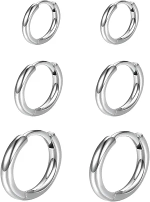 Small Silver Hoop Earrings-Cubic Zirconia Cuff Earrings| 3 Pairs Sterling Silver Hoop Earrings|Tiny Cartilage Hoop Earrings for Women Men (8mm/10mm/12mm)