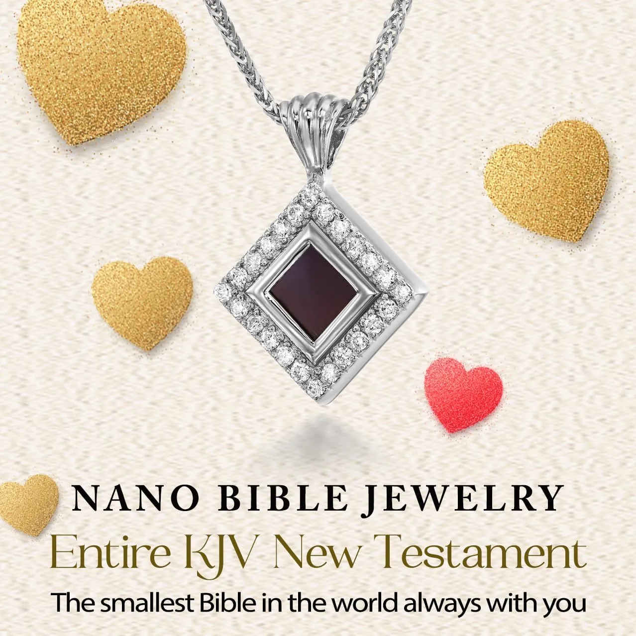 Smallest Nano Bible on Christian Necklace - Paved Cubic Zirconia Pendant with Entire KJV New Testament Holy Scriptures on 0.2" Microchip, Religious Jewelry for Women, 18" Spiga Chain