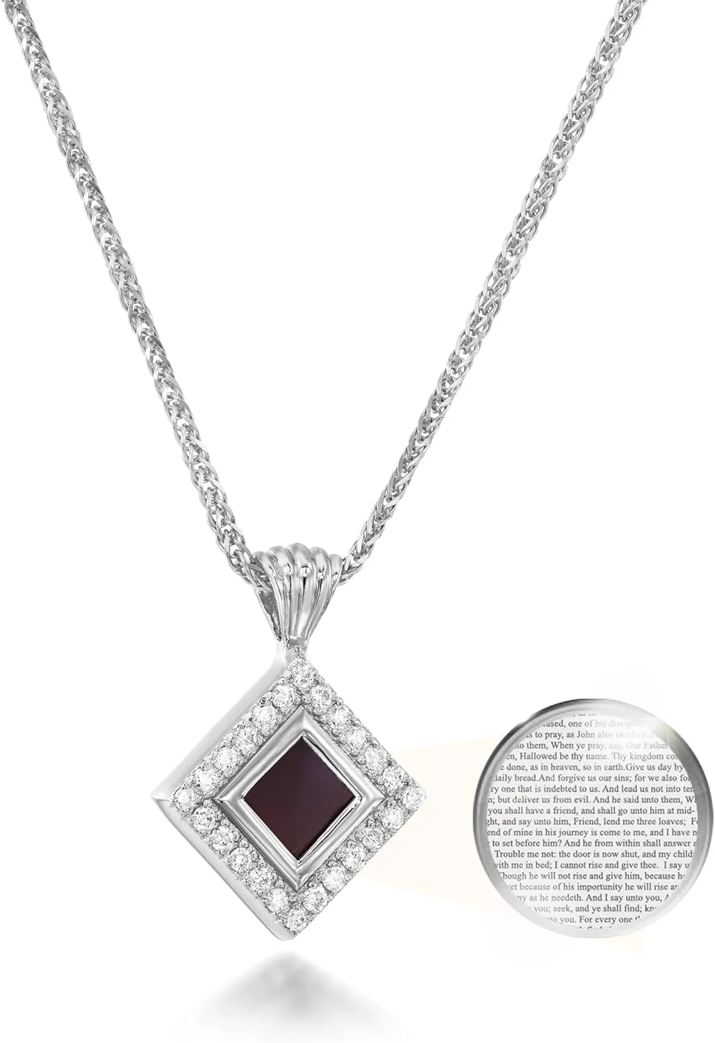 Smallest Nano Bible on Christian Necklace - Paved Cubic Zirconia Pendant with Entire KJV New Testament Holy Scriptures on 0.2" Microchip, Religious Jewelry for Women, 18" Spiga Chain