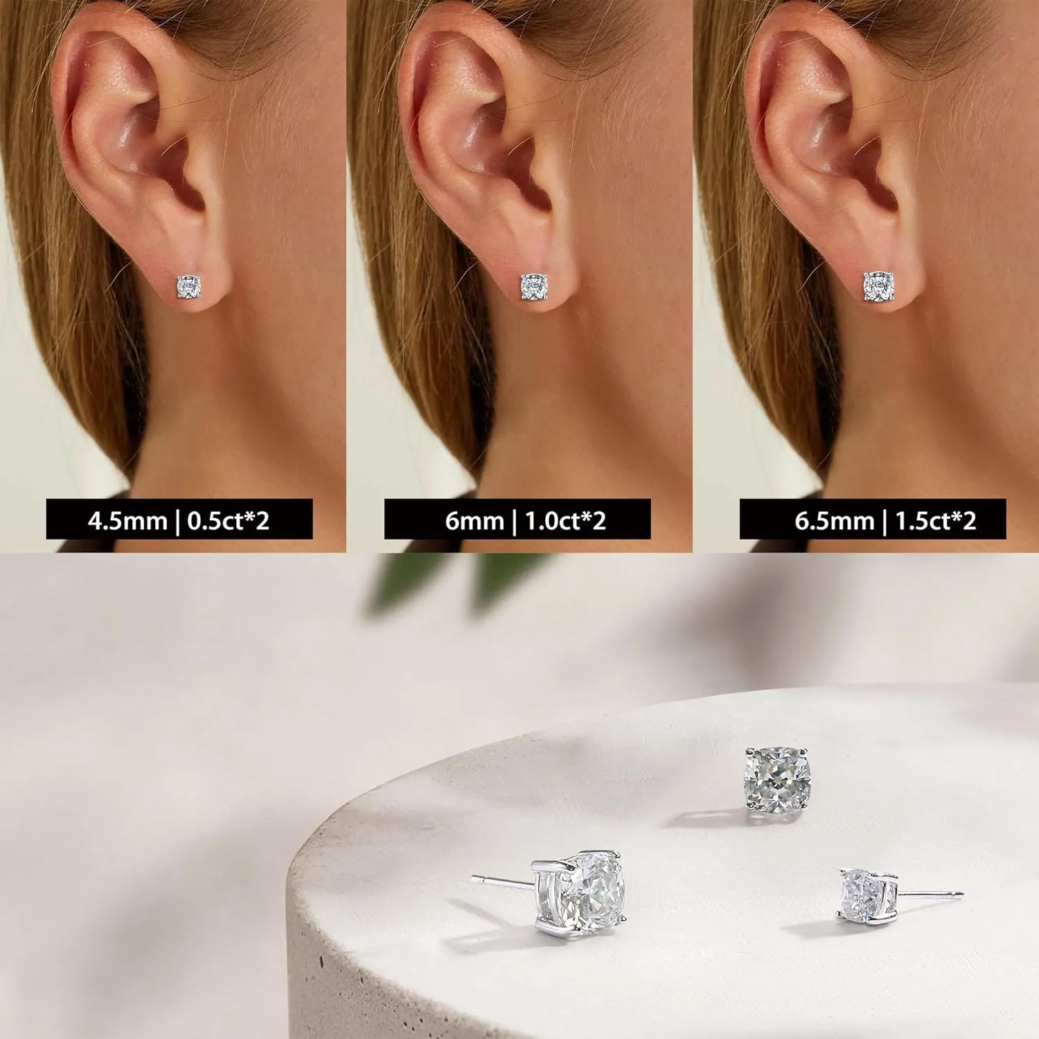 SMILEST 1-3 Carat Cushion Cut Moissanite Earrings - D Color VVS1 Clarity, 18K White & Yellow Gold Vermeil Studs