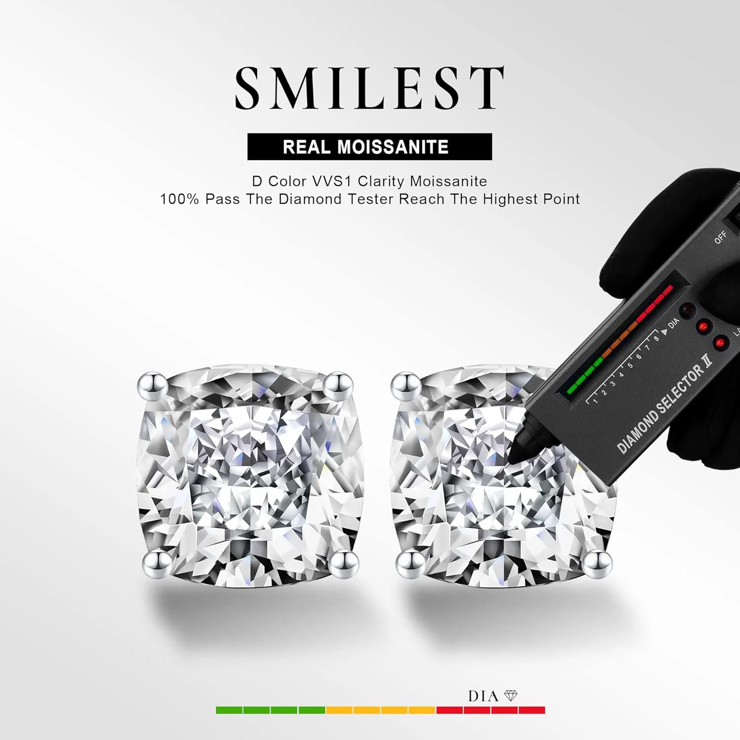 SMILEST 1-3 Carat Cushion Cut Moissanite Earrings - D Color VVS1 Clarity, 18K White & Yellow Gold Vermeil Studs