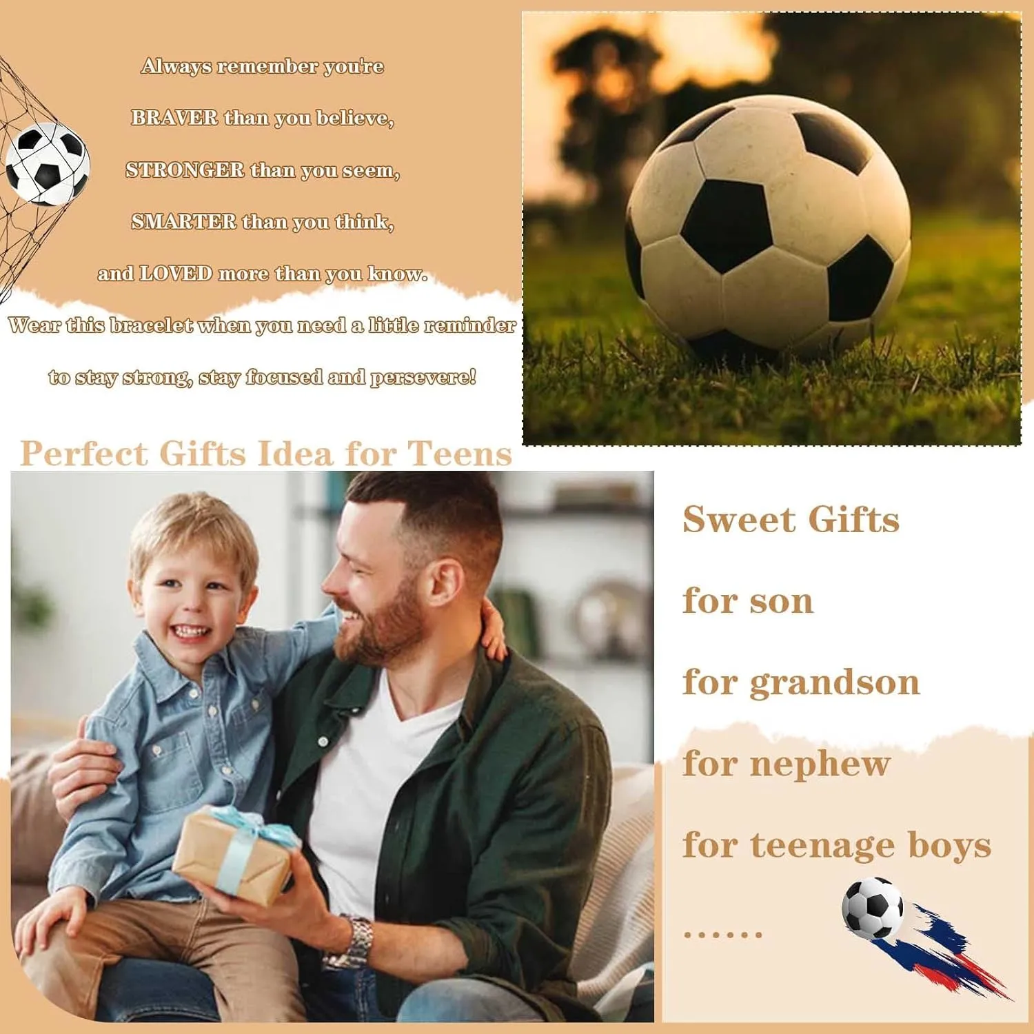 Soccer Football Basketball Baseball Bracelet    , Silicone Bead Adjustable Sports Lover Teens Players Team Accessories Jewelry Stuff Gift for 6-16 Years Old Boys Girls