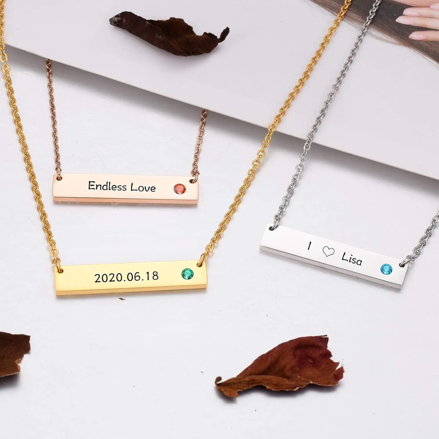 SOITIS Personalized Heart Necklace Stainless Steel Heart Necklace with 3 CZ Birthstones Rose Gold Heart Necklace with 1-3 Engraved Names for Woman Family Mother Wife Daughter Sisters Best Friends