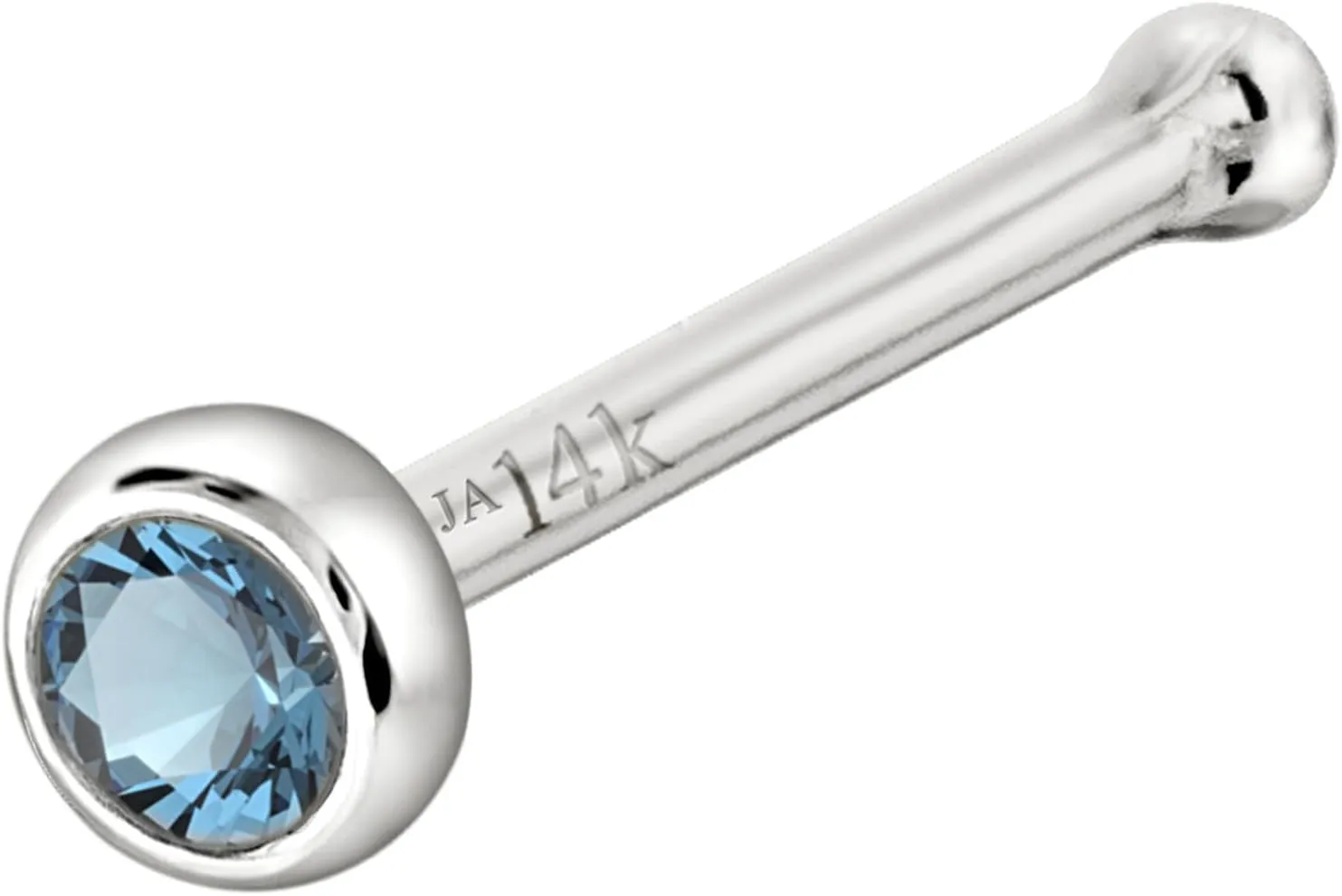 Solid 14K Gold Ball-end Stud Bezel Set Aquamarine 22G Nose Bone Nose Stud - 14K White Gold / 14K Yellow Gold March Birthstone Nose Ring Stud
