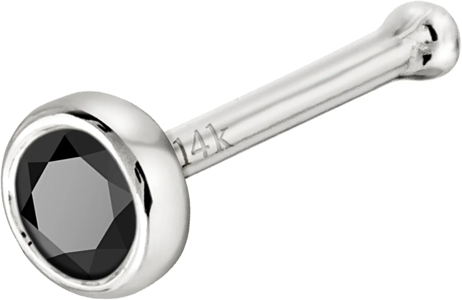Solid 14K Gold Ball-end Stud Bezel Set Black Diamond 22G Nose Bone Nose Stud - 14K White Gold / 14K Yellow Gold April Birthstone Nose Ring Stud