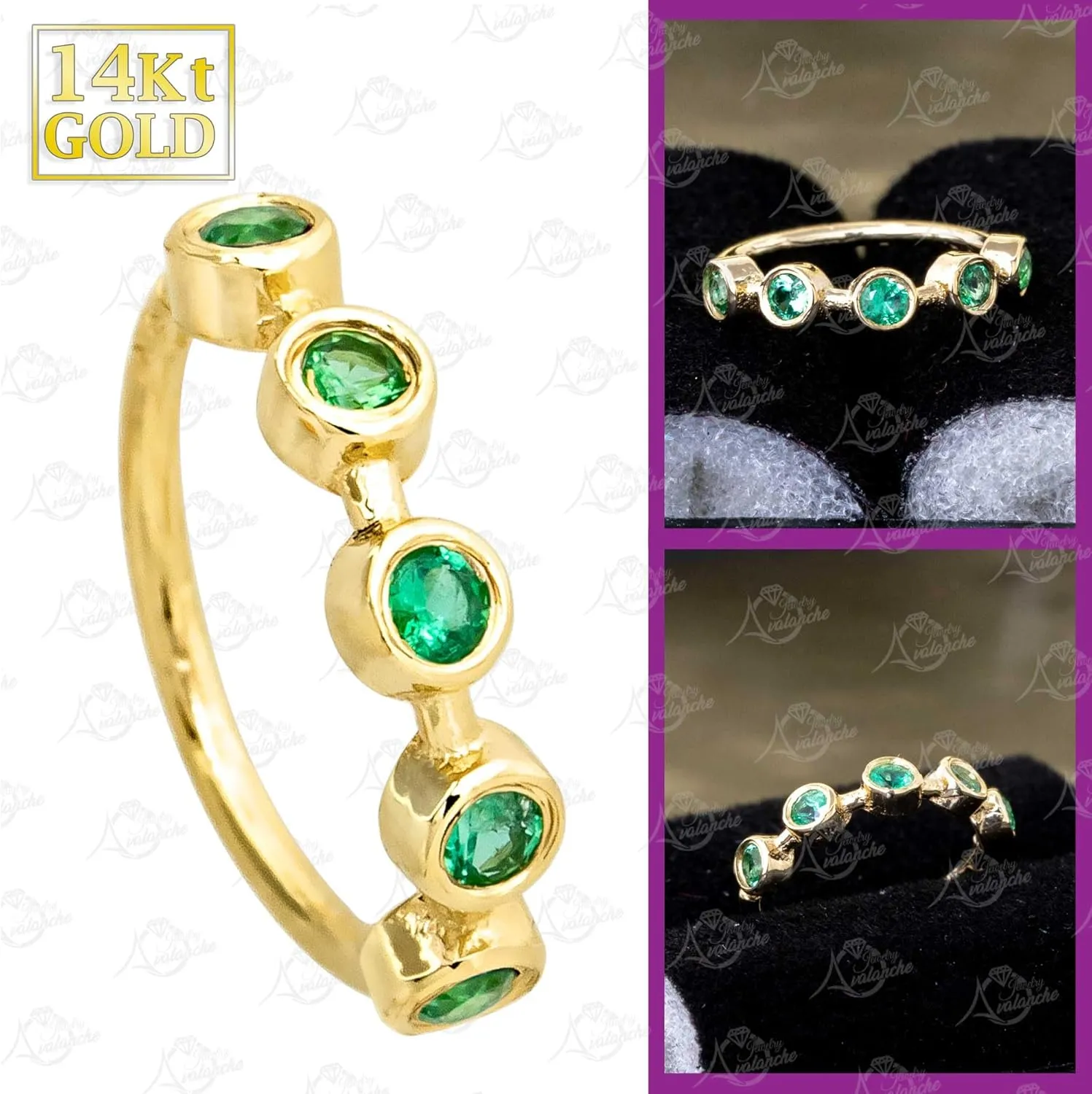 Solid 14K Gold Nose Hoop 20G Nose Ring Bezel Set 5-Stone Emerald Gemstone Nose Hoop - Ear Cartilage Ring - May BirthStone Nose Ring