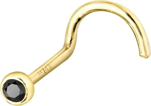 Solid 14K Gold Nose Screw Stud Bezel Set Black Diamond 22G Cork-screw Nose Stud - 14K White Gold / 14K Yellow Gold April Birthstone Nose Ring Stud